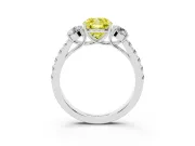 Fancy Yellow Cushion Cut Diamond Three-Stone Ring Set in White gold with Round Side Stones and Delicate Pavé Band