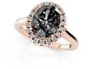 Fancy Black Oval Cut Halo Round Diamond Solitaire Ring Set in Rose gold with Pavé Band and Prong Setting