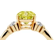 Fancy Yellow Three-Stone Cushion Cut Diamond Channel Set Ring Set in Yellow gold with Bar Prongs