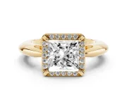Princess Cut Diamond Halo Engagement Ring Set in Yellow gold with Plain Split Shank and Prong Setting