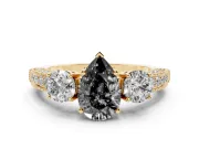 Pear-Shaped Vintage Three Stone Engagement Ring Setting for a Black Center | Graduated Milgrain Pavé | Yellow Gold