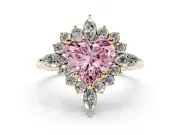 Fancy Pink Heart Cut Diamond Cluster Halo Ring Set in Yellow gold with Marquise and Round Accents