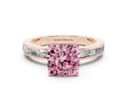 Fancy Pink Cushion Cut Diamond Solitaire Ring Set in Rose gold with Channel-Set Baguette Band and Prong Setting