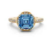 Asscher Cut Floral Pavé Engagement Ring Setting for a Fancy Blue Lab-Grown Diamond | Yellow Gold
