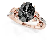 Fancy Black Oval Cut Diamond Solitaire Leaf-Inspired Ring Set in Rose gold with Pavé Band and Prong Setting