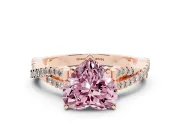 Fancy Pink Heart Cut Diamond Solitaire Engagement Ring Set in Rose gold with Twisted Pavé Band and Prong Setting