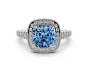 Cushion Cut Graduated Milgrain Halo Engagement Ring Setting for a Fancy Blue Lab-Grown Diamond | White Gold