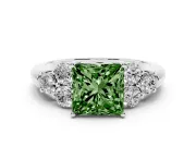 Fancy Green Princess Cut Diamond Cluster Ring Set in Platinum with Round Accent Stones and Prong Setting on a Plain Band