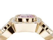Cushion Cut Three Stone Halo Engagement Ring Setting for a Fancy Pink Lab-Grown Diamond | Bezel Set | Yellow Gold