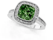Fancy Green Cushion Cut Diamond Halo Ring Set in Silver with Pavé Band and Milgrain-Edged Prongs