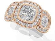Cushion Cut Three Stone Halo Engagement Ring Setting | Bezel Set | Rose Gold