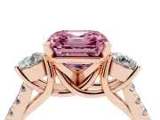 Fancy Pink Three-Stone Asscher Cut Diamond Pavé Band Ring Set in Rose gold with Prong-Set Trio