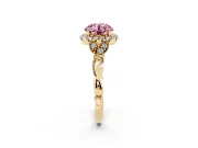 Round Halo Engagement Ring Setting for a Fancy Pink Lab-Grown Diamond | Leaf Shoulders | Yellow Gold