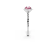 Fancy Pink Cushion Cut Diamond Halo Engagement Ring Set in Platinum with Pavé Band and Prong Setting
