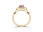 Fancy Pink Pear Cut Diamond Halo Engagement Ring Set in Yellow gold with Twisted Band and Prong Setting