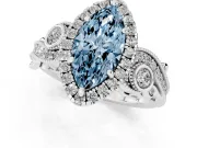 Fancy Blue Marquise Cut Diamond Halo Ring Set in Silver with Milgrain Pavé Band and Prong Setting