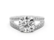 Round Cut Diamond Split Shank Ring Set in Silver with Pavé Band and Prong Setting