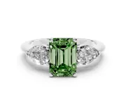 Fancy Green Three-Stone Emerald Cut Diamond Ring Set in Platinum with Pear Side Stones and Prong Setting
