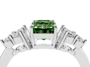 Fancy Green Emerald Cut Diamond Solitaire Ring Set in Silver with Cluster Accents on Each Side
