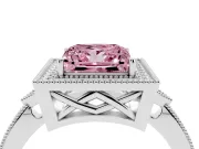 Fancy Pink Princess Cut Diamond Halo Engagement Ring Set in Platinum with Milgrain Pavé Band