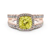 Fancy Yellow Cushion Cut Diamond Halo Ring Set in Rose gold with Pavé Split Shank and Prong Setting