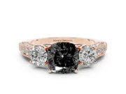 Fancy Black Cushion Cut Diamond Three-Stone Ring Set in Rose gold with Round Side Stones and Pavé Band