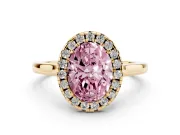 Fancy Pink Oval Cut Halo Round Diamond Solitaire Ring Set in Yellow gold with Pavé Band and Prong Setting