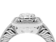 Radiant Cut Diamond Halo Ring Set in Platinum with Round Accent Halo, Pavé Band and Prong Setting