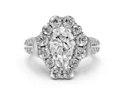 Pear Cut Diamond Halo Engagement Ring Set in White gold with Split Shank and Prong Setting