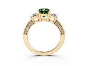 Fancy Green Cushion Cut Diamond Three-Stone Ring Set in Yellow gold with Round Side Stones and Pavé Band
