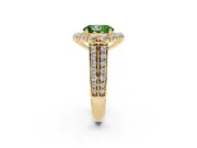 Fancy Green Oval Cut Diamond Halo Engagement Ring Set in Yellow gold with Split Shank and Prong Setting