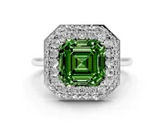 Fancy Green Asscher Cut Diamond Halo Engagement Ring Set in Silver with Solitaire Band and Prong Setting