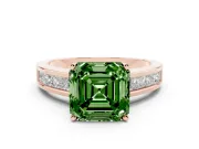 Fancy Green Asscher Cut Diamond Solitaire Ring Set in Rose gold with Channel-Set Band and Prong Setting