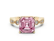 Fancy Pink Asscher Cut Diamond Solitaire Engagement Ring Set in Yellow gold with Milgrain Bezel Accent Band