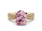 Fancy Pink Oval Cut Diamond Solitaire Ring Set in Yellow gold with Milgrain Double Row Round Pavé Band