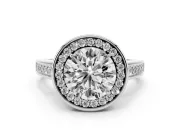 Round Cut Diamond Halo Solitaire Ring Set in Silver with Pavé Band and Bezel Setting