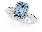 Fancy Blue Emerald Cut Diamond Halo Engagement Ring Set in White gold with Plain Split Shank and Prong Setting