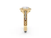 Radiant Cut Diamond Halo Ring Set in Yellow gold with Round Accent Halo, Pavé Band and Prong Setting