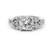 Cushion Cut Diamond Solitaire Ring Set in Silver with Cluster Accents on Each Side