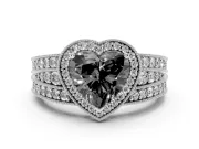 Fancy Black Heart Cut Diamond Halo Ring Set in Platinum with Accent Split Shank and Prong Setting