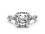 Asscher Cut Diamond Halo Twist Band Solitaire Ring Set in Silver with Prong-Set Center Stone