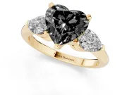 Fancy Black Three-Stone Heart Cut Diamond Ring Set in Yellow gold with Pear Side Stones and Prong Setting