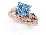 Fancy Blue Princess Cut Diamond Solitaire Ring Set in Rose gold with Layered Twist Pavé Band