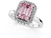 Fancy Pink Emerald Cut Diamond Halo Solitaire Ring Set in Platinum with Pavé Band and Prong Setting