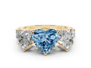 Heart-Shaped Three Stone Engagement Ring Setting for a Fancy Blue Lab-Grown Diamond | Beaded Shoulders | Yellow Gold