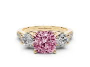 Cushion Cut Three-Stone Engagement Ring Setting for a Fancy Pink Lab-Grown Diamond | Yellow Gold