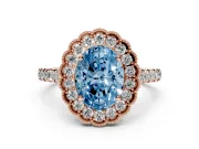 Fancy Blue Oval Cut Diamond Milgrain Floral Halo Engagement Ring Set in Rose gold with Pavé Band
