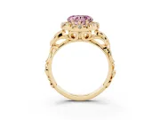 Fancy Pink Heart Cut Diamond Halo Ring Set in Yellow gold with Scrollwork Band and Prong Setting