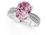 Fancy Pink Oval Cut Diamond Solitaire Ring Set in Silver with Milgrain Double Row Round Pavé Band