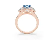 Fancy Blue Asscher Cut Diamond Halo Split Shank Engagement Ring Set in Rose gold with Prong-Held Center Stone